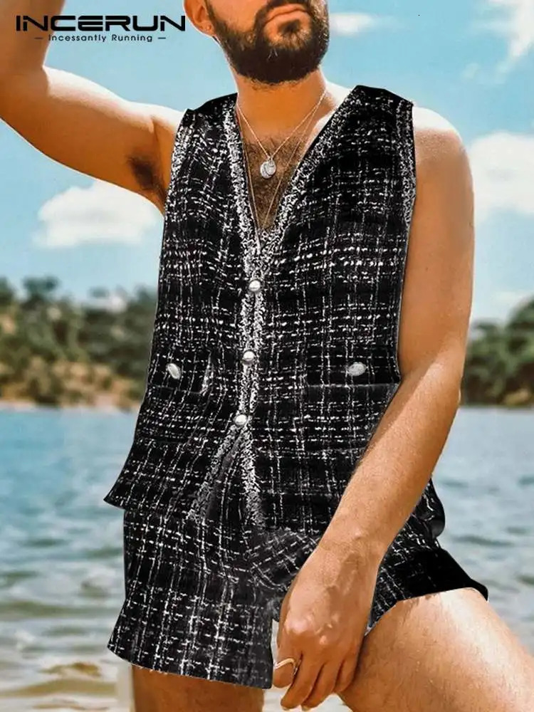 Men s Tracksuits INCERUN Fashion Men Sets Plaid V Neck Sleeveless Button Vests Shorts Two Pieces Streetwear 2023 Casual Suits S 5XL 231113