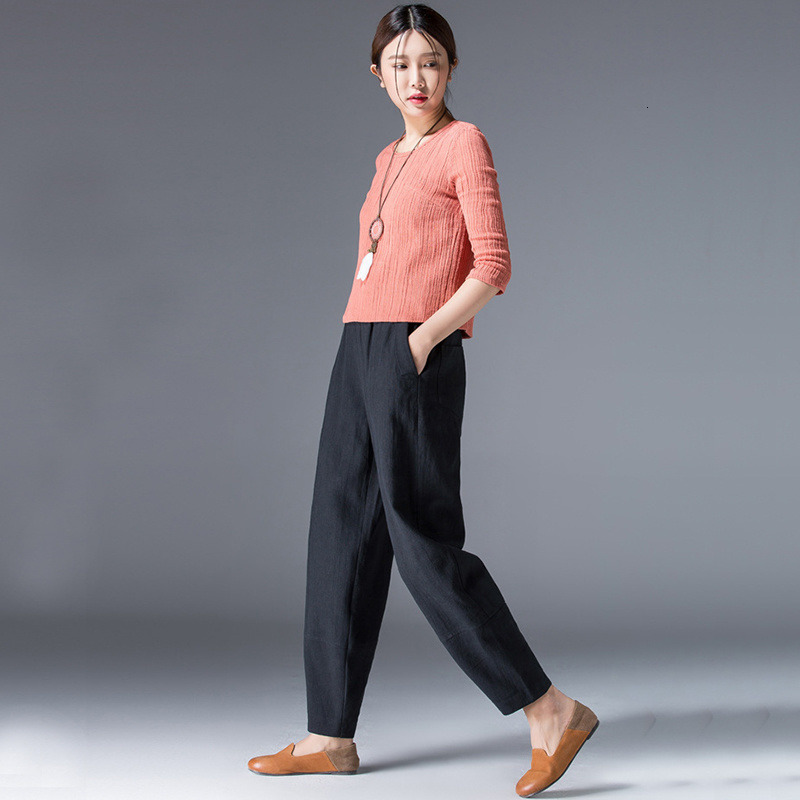 Women's Pants Capris Women's Wide Trousers Vintage Elastic Waist Pocket Cotton Linen Harem Pants Capris Summer Loose Soild Linens Pants for 