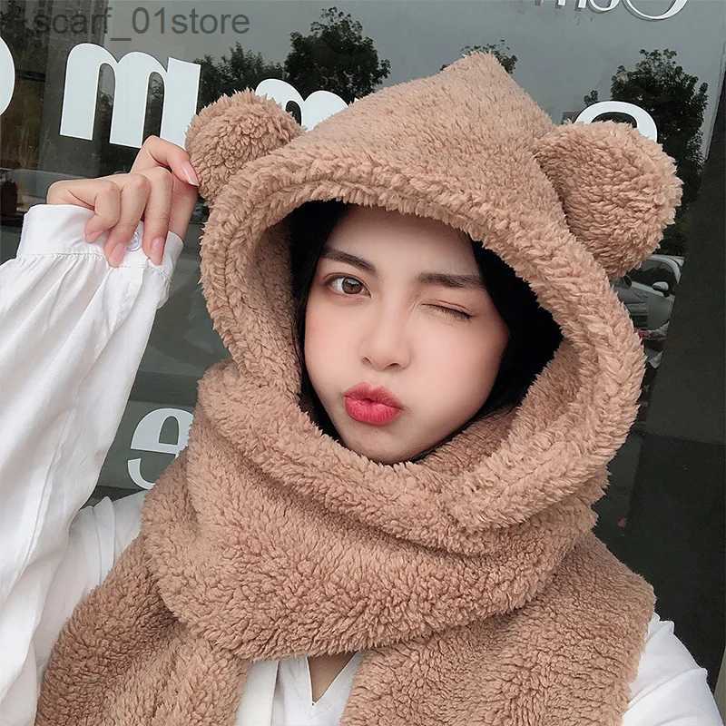 Hats Scarves Sets Lamb Velvet Hat Woman Winter Warm And Cold Hooded Scarf Gs 3-in-1 Sets Female Cute Bear Ear Protection Cotton C With EarsL231111