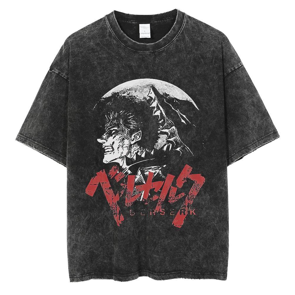 Men's T-Shirts Hip Hop Streetwear Men Washed T-shirts Anime Berserk Print T Shirt Summer 100% Cotton Retro Tees Unisex Breathable Casual Tees 230