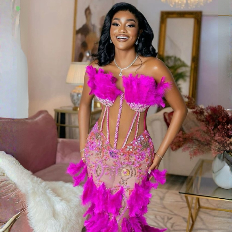 Fuia Colorful Prom Dresses Feather Mermaid Sexy Evening Gowns Tulle Lace Beaded Sequined Crystal Party Engagement Second Reception African Style