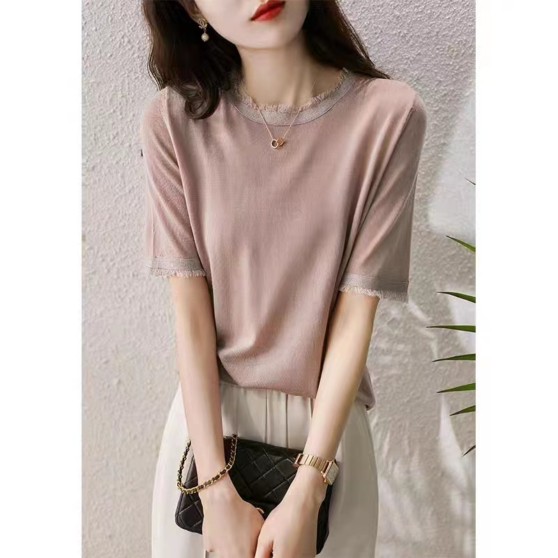 Women' T-Shirt Fashion versatile round collar fringe ice thread short sleeve loose T-shirt cotton knit women' half sleeve casual jacket 230413, Pink
Women' T-Shirt Fashion versatile round collar fringe ice thread short sleeve loose T-shirt cotton knit women' half sleeve casual jacket 230413, Pink