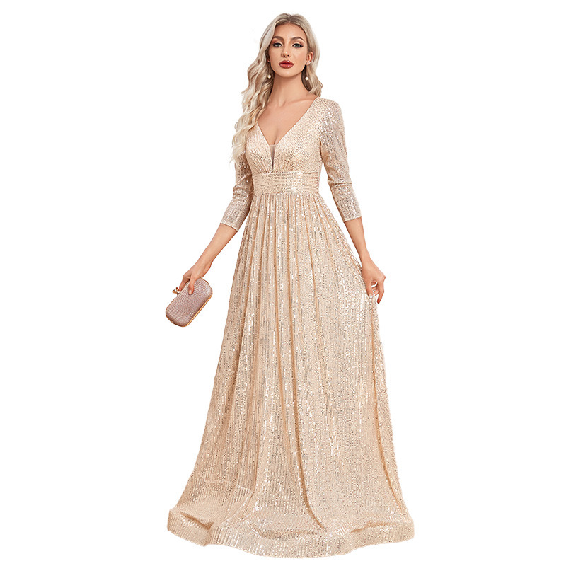 Bridesmaid 2023 Gold Shiny Bling Long Country Garden Wedding Guest Gown Sexy V Neck Prom Dress Arabic Sequined Bride Dress Maid Of Honor Gowns Evening