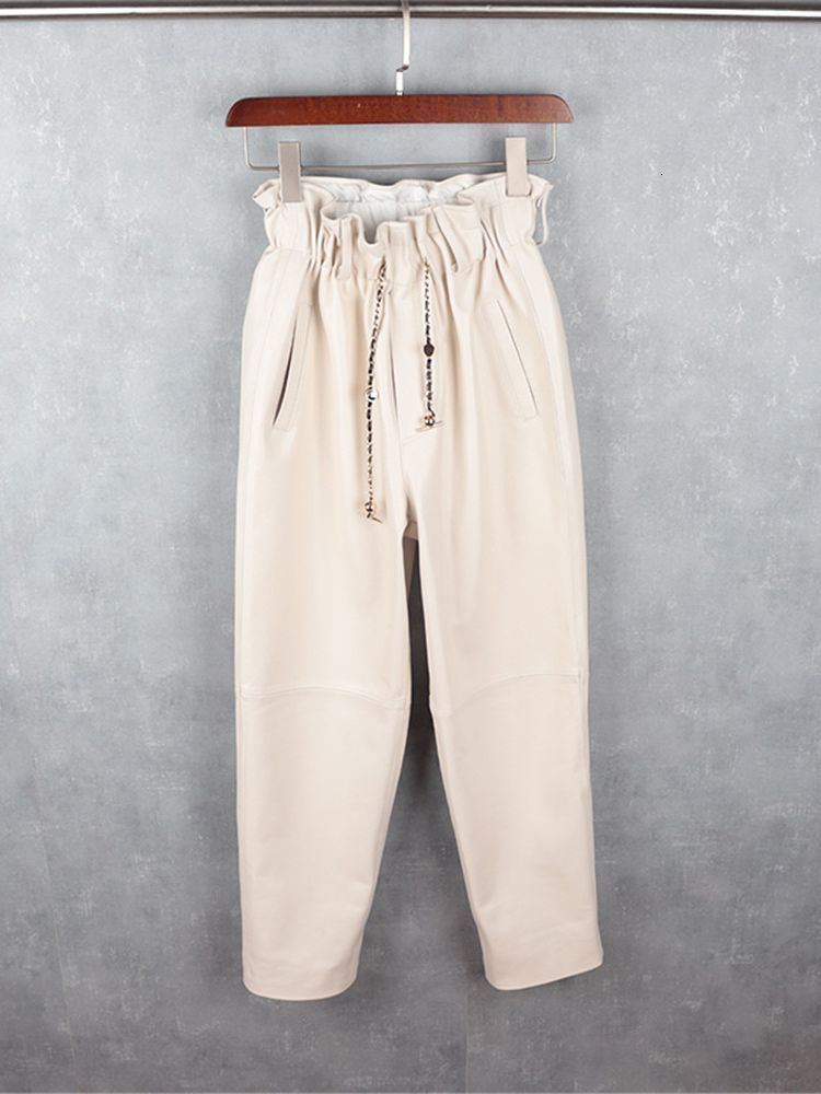 Women's Pants Capris Real leather pants high waist Chains Stitching Genuine sheep Leather pants female was thin leather pants with pockets wy892 