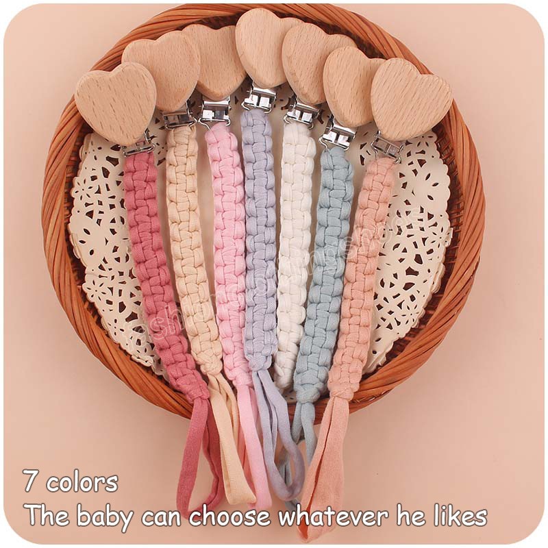 Heart Shape Beech Pacifier Clip DIY Newborn Accessories Baby Shower Gift Woven Pacifier Holder Infant Soother Dummy Clips Chain