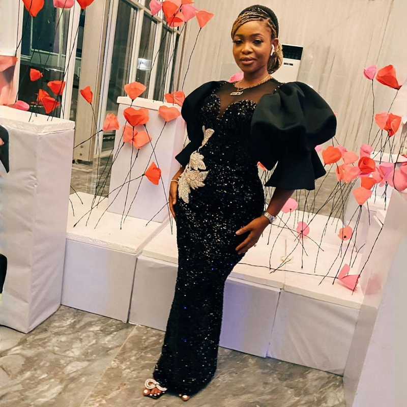 Puffy Sleeves African Prom Dress Plus Size Nigeria Lace Sequins Sheer Neck Elegant Evening Dresses Party Graducation Formal Gowns