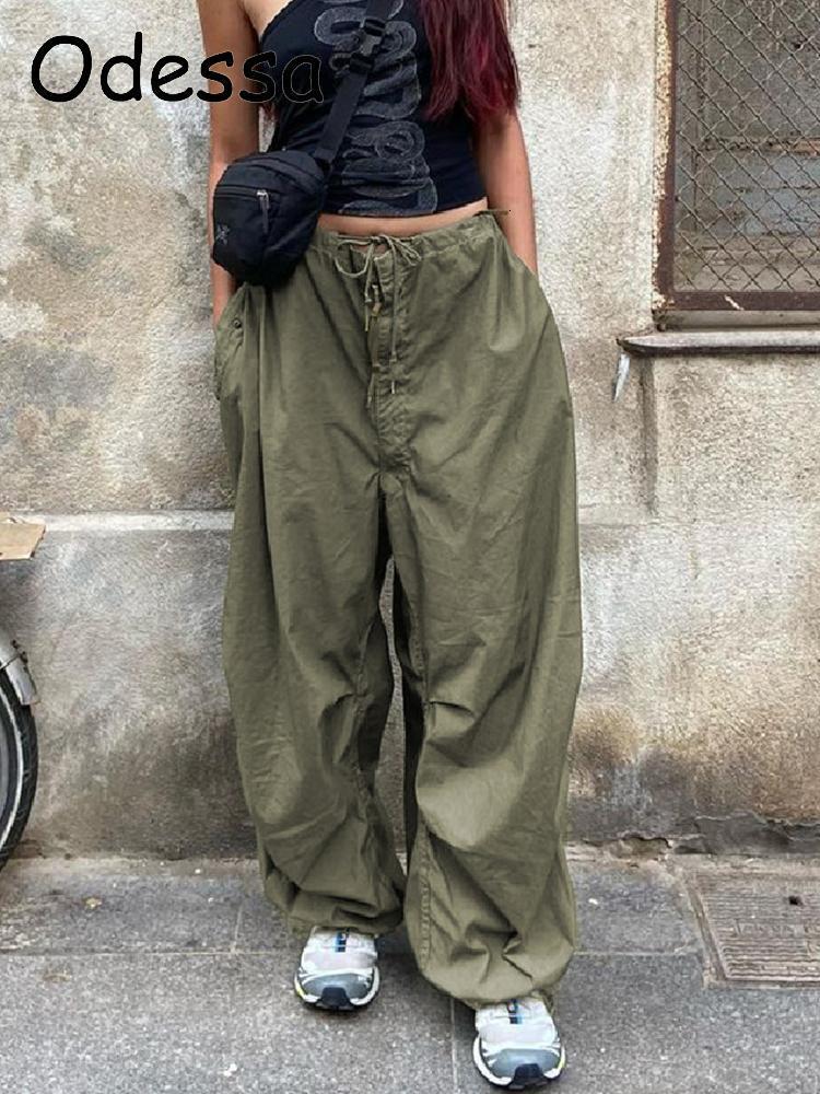 Women's Pants Capris Odessa Casual Wide Leg Streetwear Baggy Trousers Women Fashion Loose Drawstring High Waist Cargo Pants Grey Hippie Joggers P