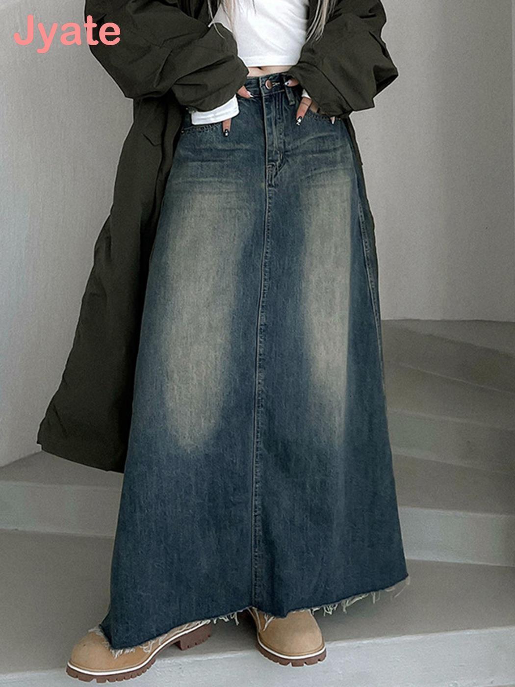 Vintage Skirts Jyate Maxi Denim Women Y2k Grunge Streetwear Pockets Chic Long Female Casual Harajuku Aesthetic Faldas 2