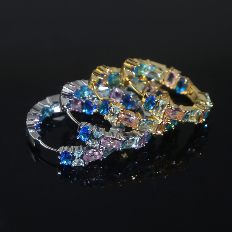 Geometric Zircon Hoop Earrings: Pink & Light Blue Iced Out CZ