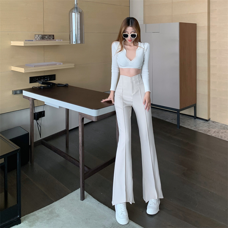 Women's Pants Capris High Waist Thin Split Wide Leg Pants Women's Spring And Summer Solid Black White Loose Suit Straight Horn Casual Pants 