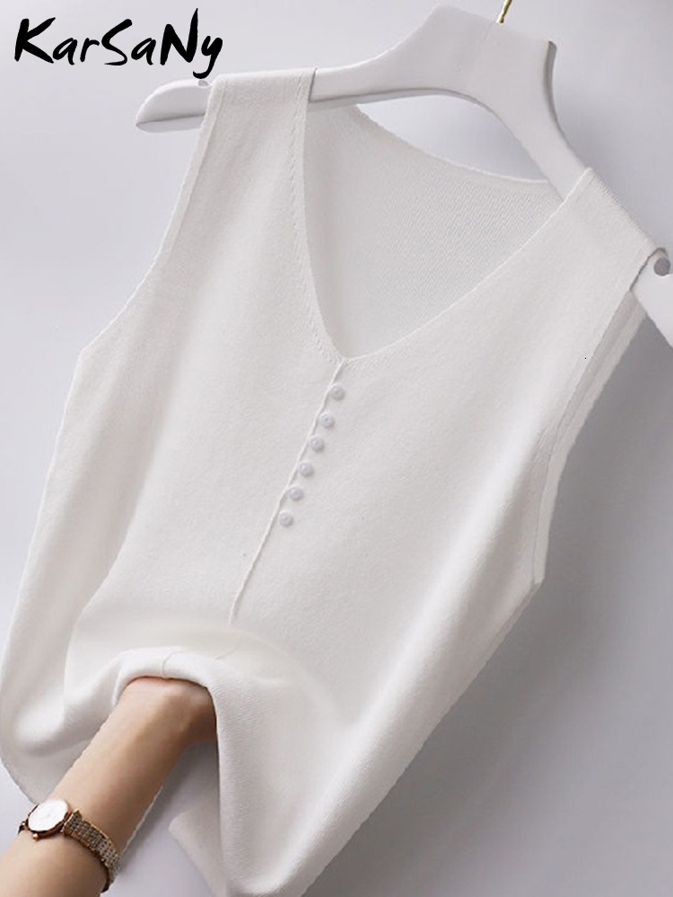 Camisoles Tanks KarSaNy Thin Knitted Ice Silk Tank Top Women Summer Pink Camisoles Femme V-neck Sleeveless Tops For Women Tanks White 230413