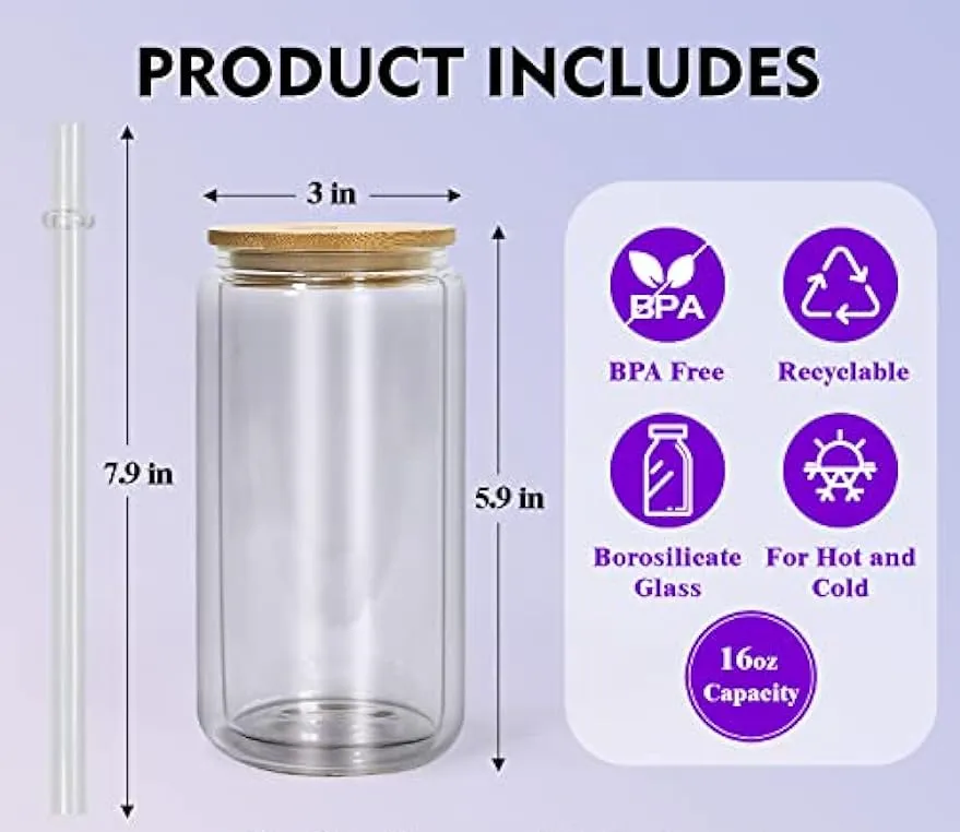 Double wall glass tumbler 16 OZ sublimation glass billet with bamboo lid and straw pre-drilled borosilicate glass beer can snowball glitter 1113