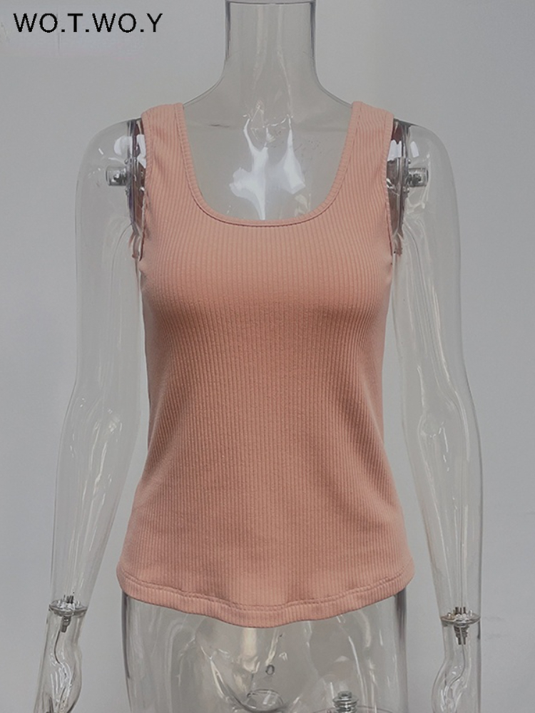Camisoles Tanks WOTWOY Summer Stretched Knitted Tank Tops Women Sleeveless Solid Casual Tee Shirt Female O-Neck Black White Cropped Tops 230413
