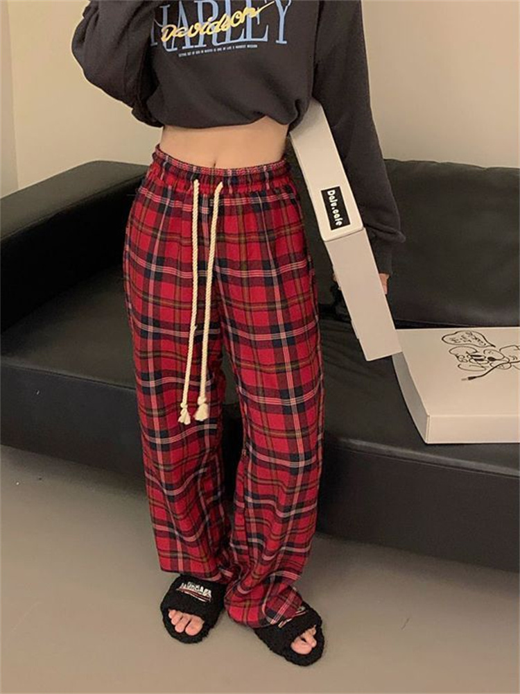 Women's Pants Capris QWEEK Korean Fashion Red Plaid Pants Women Y2K Vintage Green Oversized Wide Leg Checkered Trousers Harajuku Jogging Sweatpan