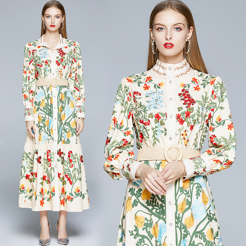 Casual Dresses Autumn Runway Maxi Dress Womens Long Sleeve Stand Gorgeous Flower Print Long Dress Female Buttons up Sashes Holidays Dress 230413