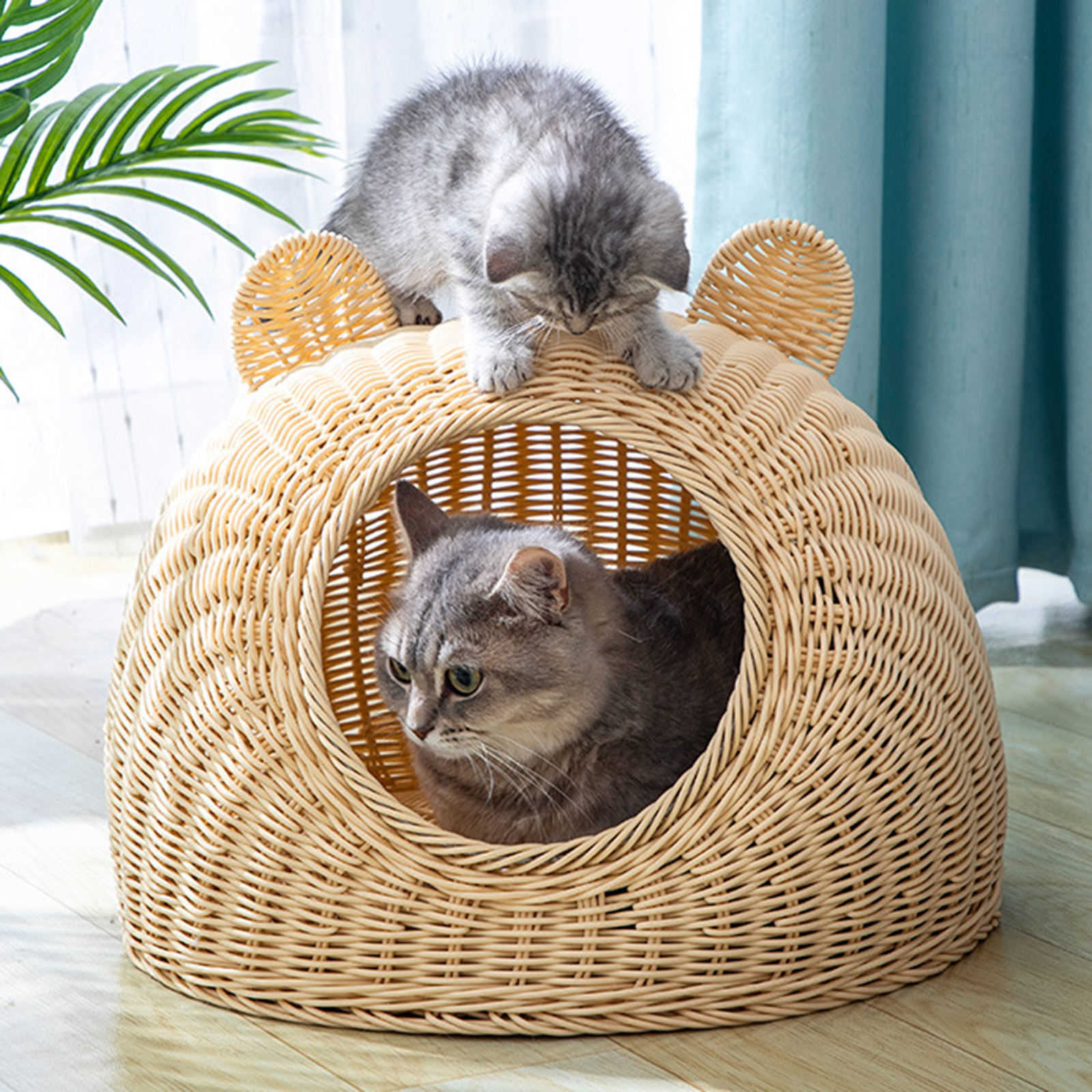 Cat Beds Furniture er Cat Bed Indoor Modern Cat Hideaway Hut Rattan Houses Pets in Dome Basket Washable Play House Cage Kennel Toy W0413