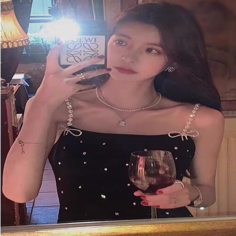 Womens party dresses rhinestone bow spaghetti strap black color diamonds patched slim waist a-line short vestidos SMLXL