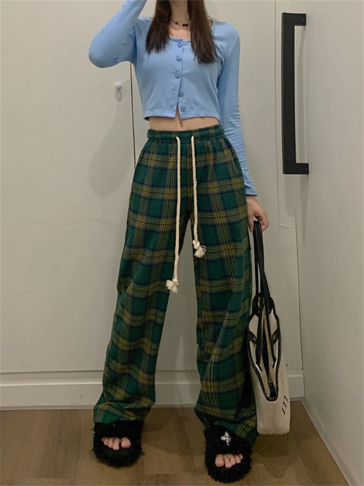 Women's Pants Capris QWEEK Korean Fashion Red Plaid Pants Women Y2K Vintage Green Oversized Wide Leg Checkered Trousers Harajuku Jogging Sweatpan