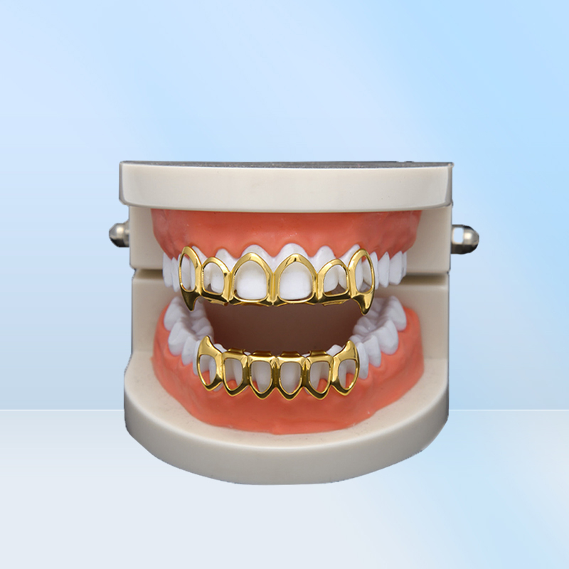 New Hip Hop Custom Fit Grill Six Hollow Open Face Gold Mouth Grillz Caps Top Bottom With Silicone Vampire teeth Set3707894