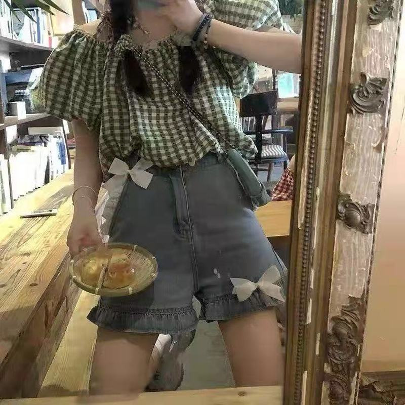 Women's Shorts Blue Vintage Bow Lace Shorts Jeans Women Harajuku Kawaii Y2k High Waist Pants Casual Aesthetic Clothes Korean Fashion 230413