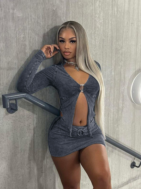 Two Piece Dress Rapwriter Vintage 90S 2 Sets Sexy Aesthetics Ruched Long Sleeve Crop TopsMetal Ring Mini Skirts Woman's Fashion Clubwear 230413