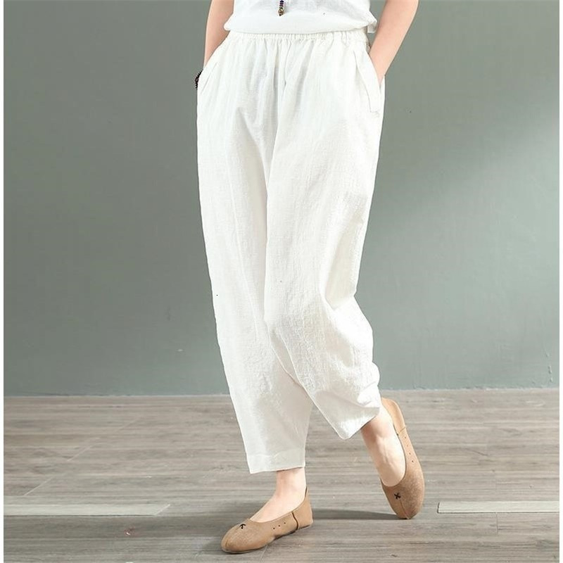 Women's Pants Capris Women's Wide Trousers Vintage Elastic Waist Pocket Cotton Linen Harem Pants Capris Summer Loose Soild Linens Pants for 