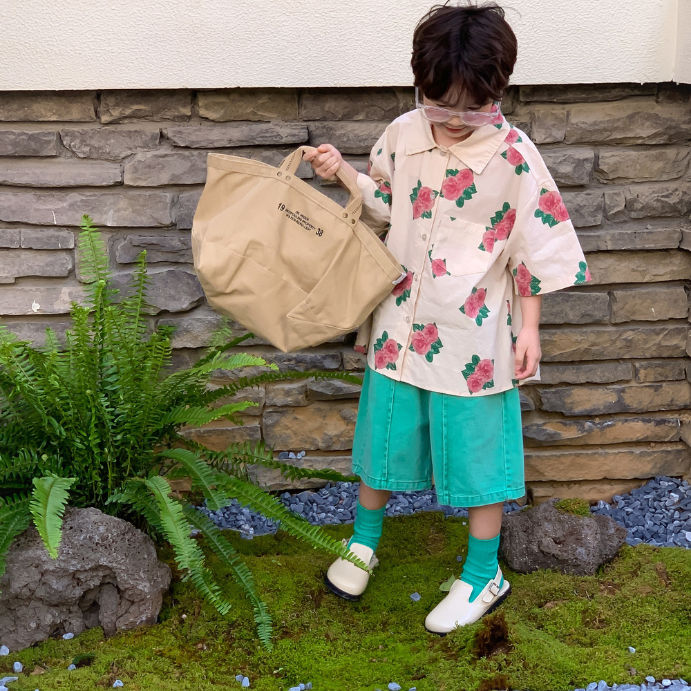 Summer Childrens Sets Peony Print Short Sleeve Shorts and Bubble Sleeve Skirt 2-piece Set S2548