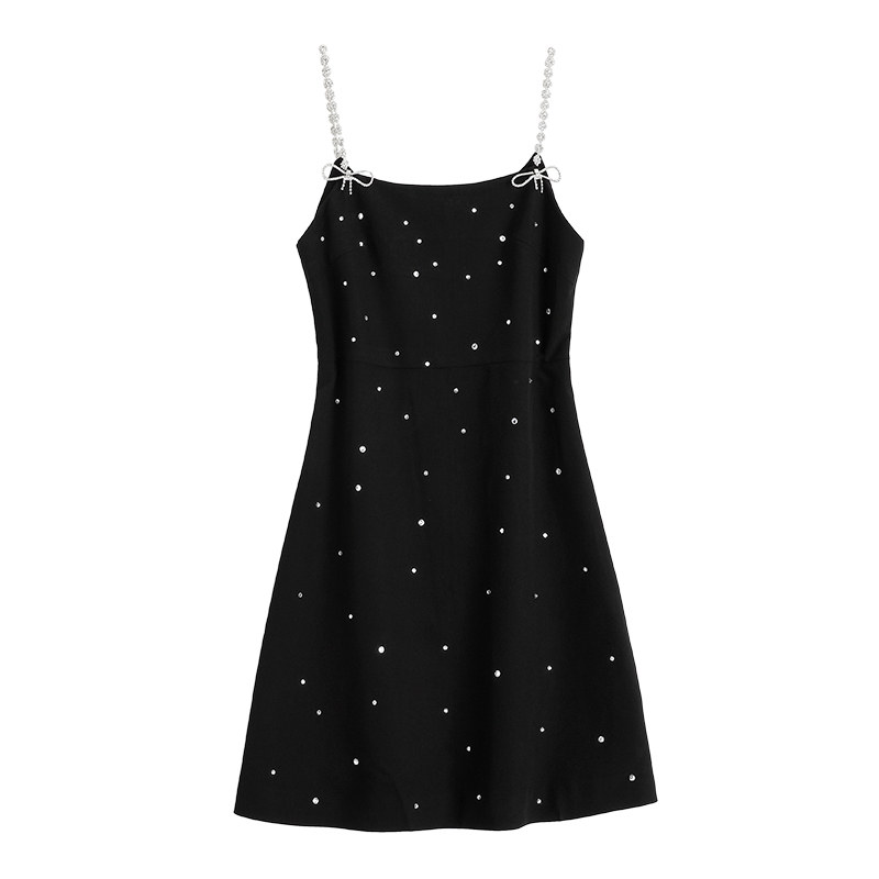 Womens party dresses rhinestone bow spaghetti strap black color diamonds patched slim waist a-line short vestidos SMLXL