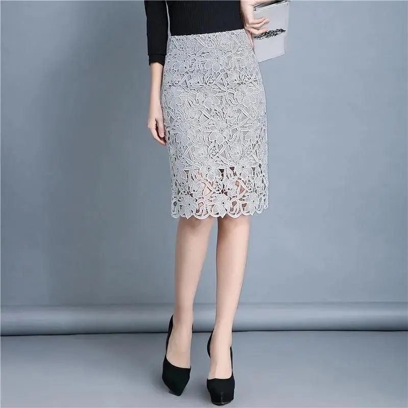 Skirts Lace Skirt Womens Mid-length Summer Fashion A-line Bag Hip Skirt High Waist Slimming Skirt Jupe Femme Faldas Mujer Moda 230413