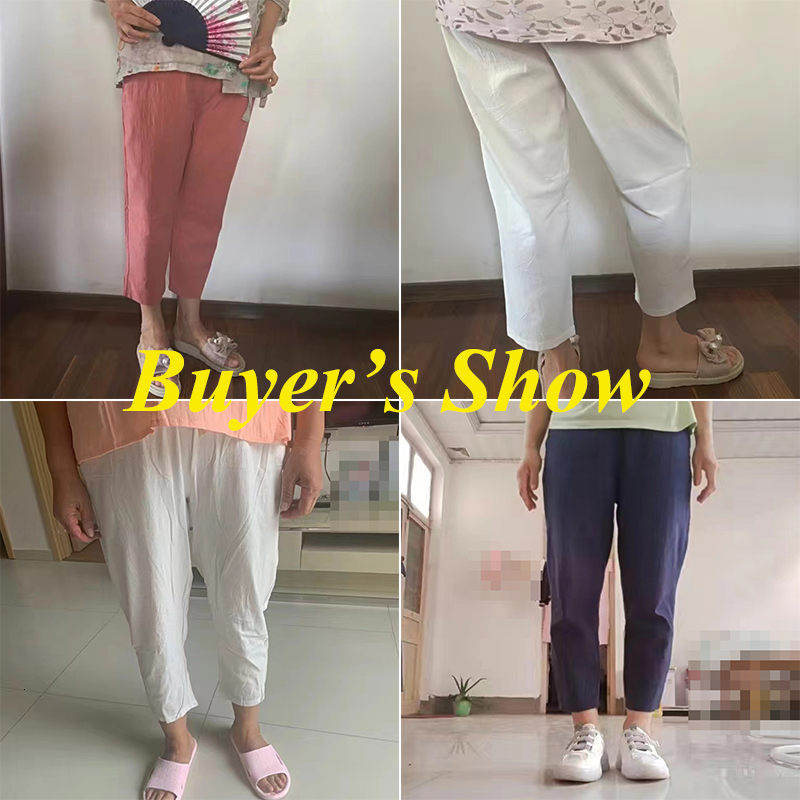 Women's Pants Capris Rimocy Summer Casual Cotton Linen Pants Women Retro Pockets Loose Harem Pants Woman Solid Elastic Waist Trousers Female 2304
