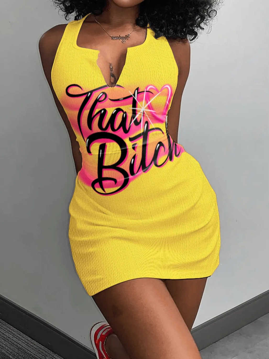 

Casual Dresses New Sleeveless Printed Sexy V-neck Spicy Girl Celebrity Wrapped Hip Pit Stripe Dress, Yellow ordinary version