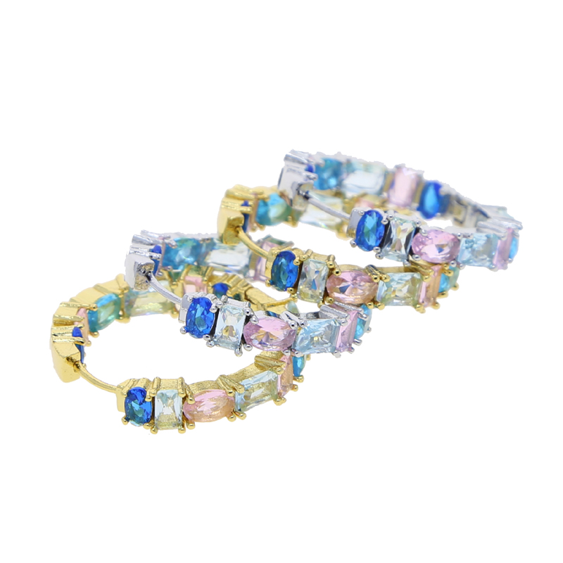 Geometric Zircon Hoop Earrings: Pink & Light Blue Iced Out CZ