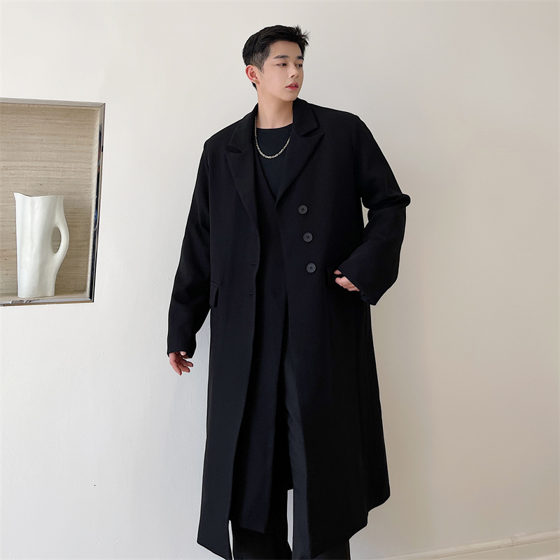Men's Trench Coats coat Men Double Placket Long Loose Casual Coat Windbreaker Man Harajuku Streetwear Black Cardigan Jacket Overcoat 230413Z