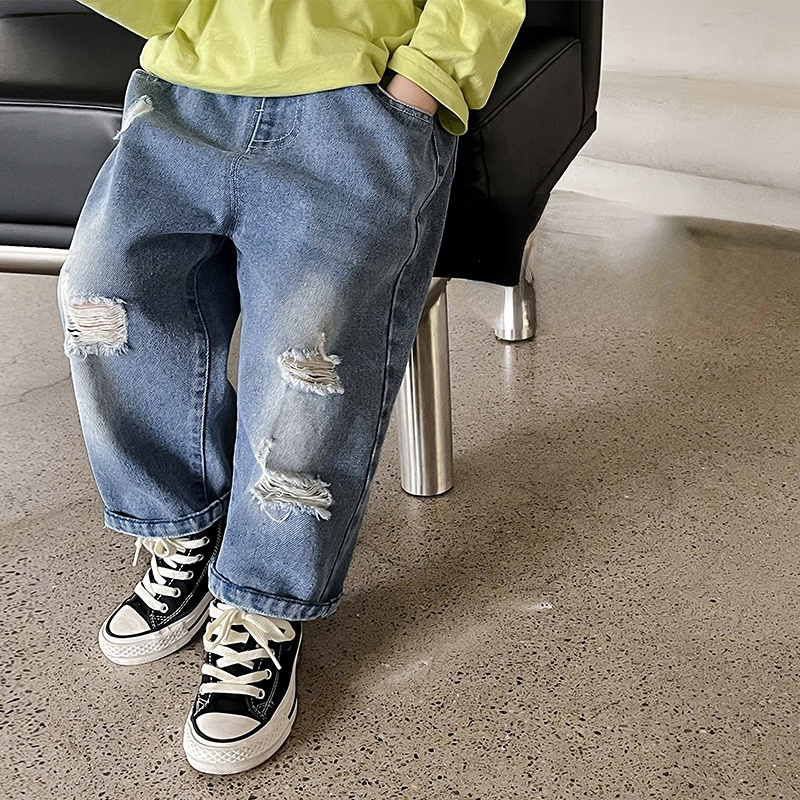 Jeans Spring Boys fashion ripped jeans Korean style Kids loose casual straight denim pants 230413