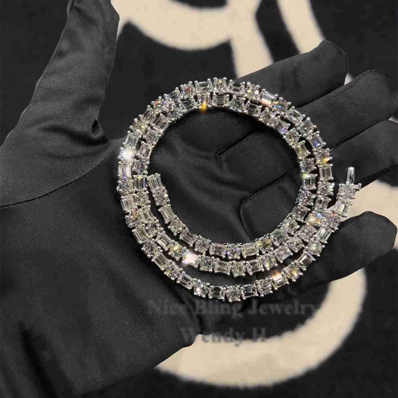 Real 925 Sterling Silver 5mm Moissanite Tennis Chain f Color Vvs Baguette/emerald Diamond Necklace A
