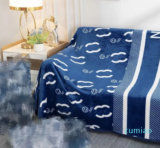 Luxury designer blue blanket white letter logo warm comfortable room decoration blanket 150X200cm with Gift Box