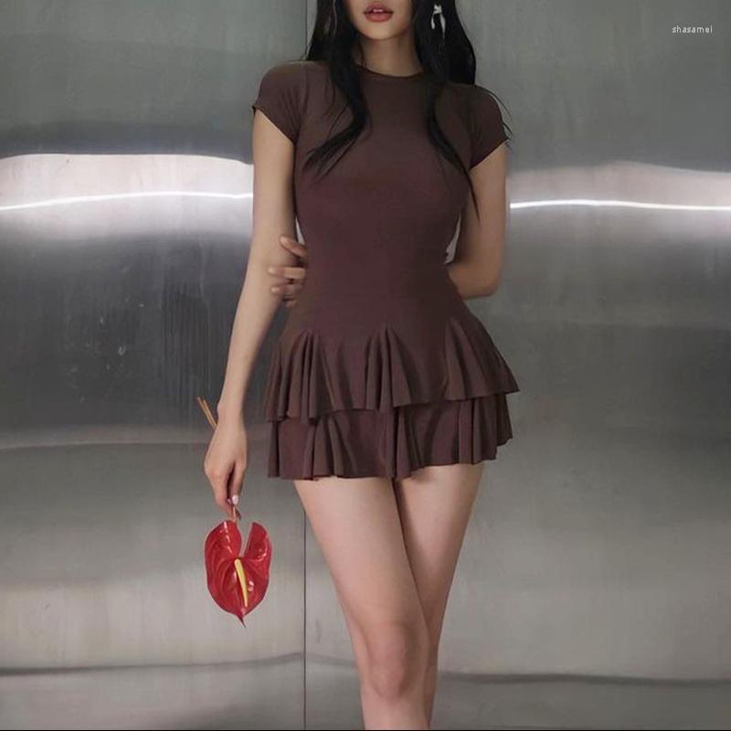 

Casual Dresses Sexy Round Neck Ruffled Short Sleeve Mini Dress For Women Summer Slim Bodycon Sheath Vestidos Fashion Y2K Clothes, Picture shown