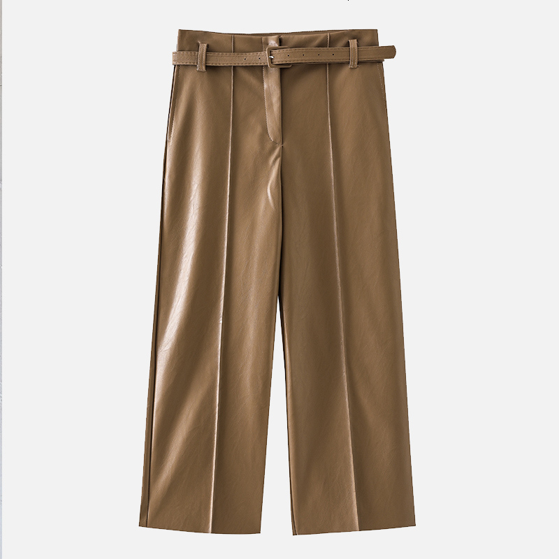 Women's Pants Capris PU Leather Pants For Women Wide Leg High Waisted Anke-length Women's Pants With Belt Autumn Loose Ladies Trousers 23041