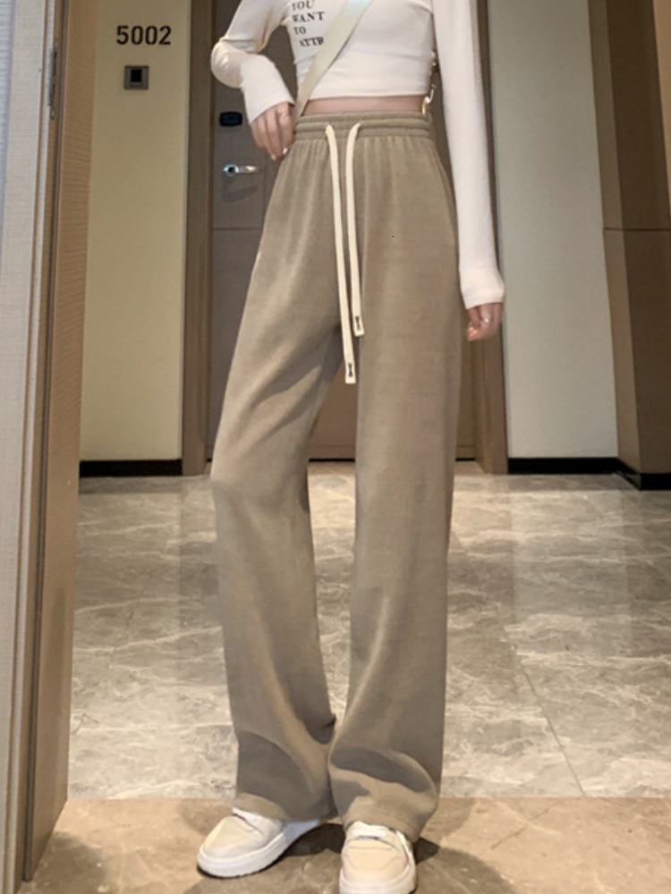 Women's Pants Capris Autumn Winter Korean Lace Up Pants Women Plus Velvet Wide Leg Pants Women's High Waist Straight Warm Loose Trousers 230