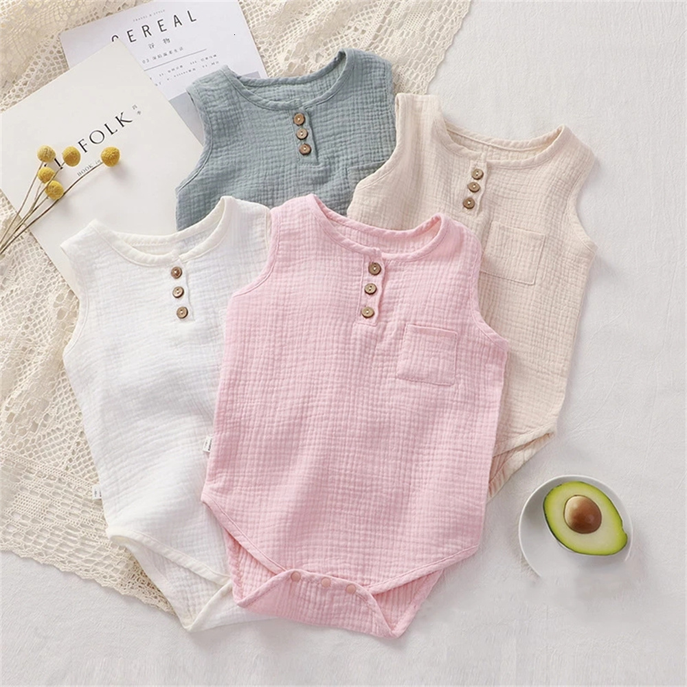 Rompers Summer Baby Boy Girl Muslin Cotton Sleeveless born Infant Romper Jumpsuit Solid Color Clothing 230412, White
Rompers Summer Baby Boy Girl Muslin Cotton Sleeveless born Infant Romper Jumpsuit Solid Color Clothing 230412, White
