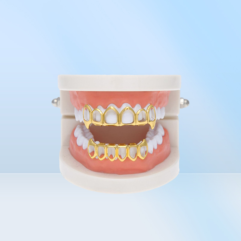 New Hip Hop Custom Fit Grill Six Hollow Open Face Gold Mouth Grillz Caps Top Bottom With Silicone Vampire teeth Set3707894
