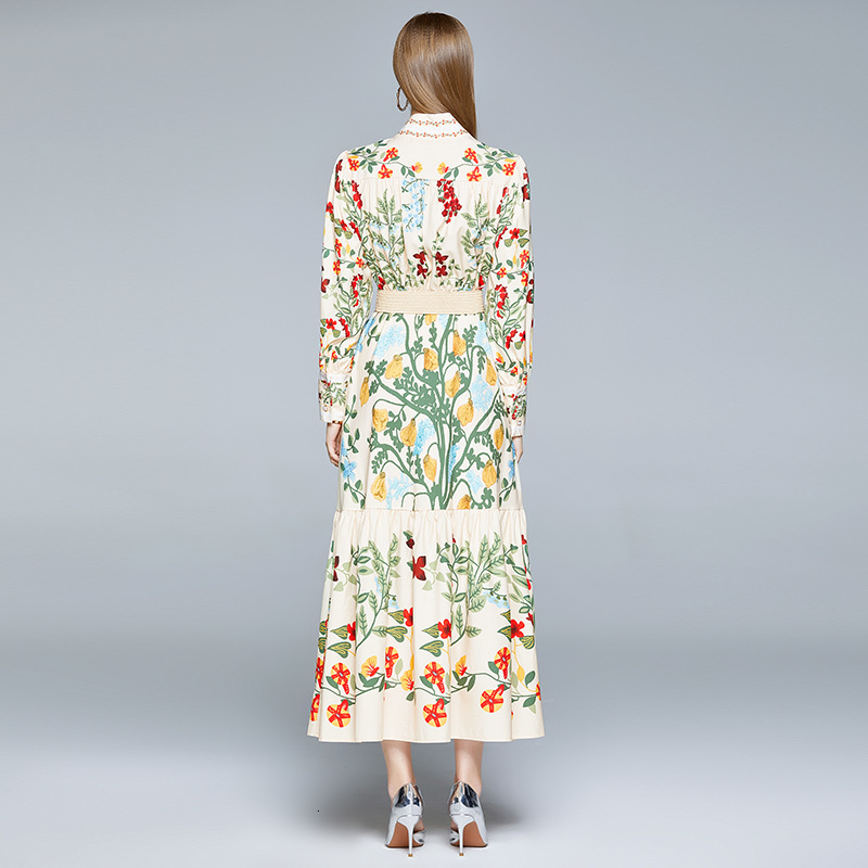 Casual Dresses Autumn Runway Maxi Dress Womens Long Sleeve Stand Gorgeous Flower Print Long Dress Female Buttons up Sashes Holidays Dress 230413