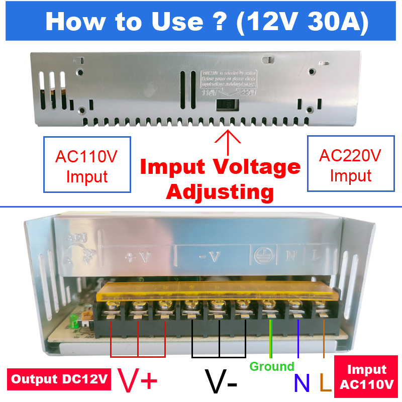 12V 30A DC Universal Regulated Switching Power Supply 360W for CCTV Radio Computer Project LED Strip Lights 3D Printer crestech
