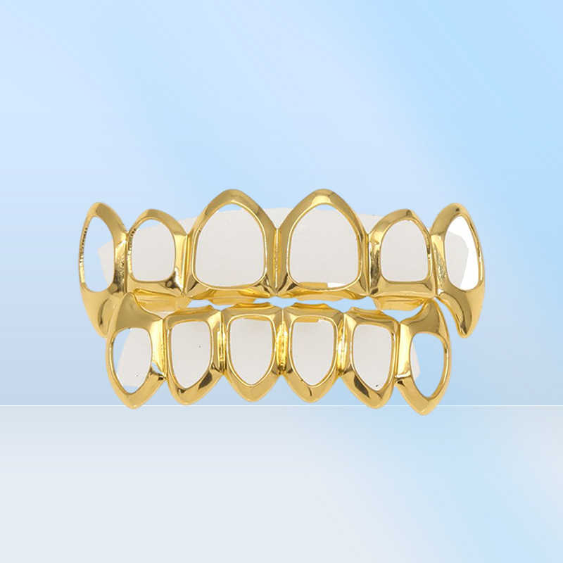 New Hip Hop Custom Fit Grill Six Hollow Open Face Gold Mouth Grillz Caps Top Bottom With Silicone Vampire teeth Set3707894