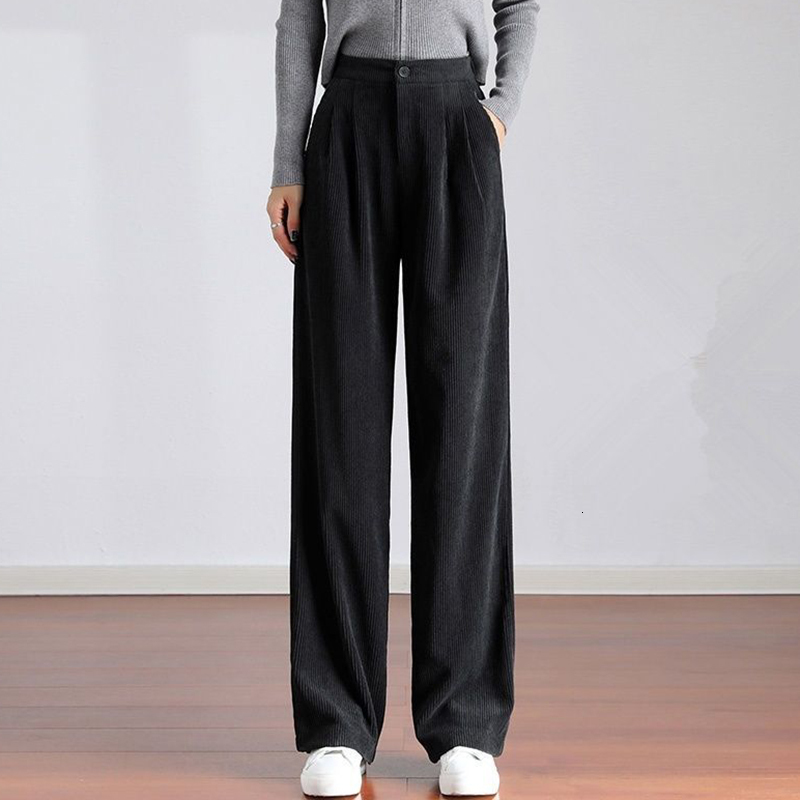 Women's Pants Capris Rimocy Korean Wide Leg Straight Pants Women High Waisted Warm Plush Trousers Woman Autumn Winter Loose Corduroy Pants Mujer 