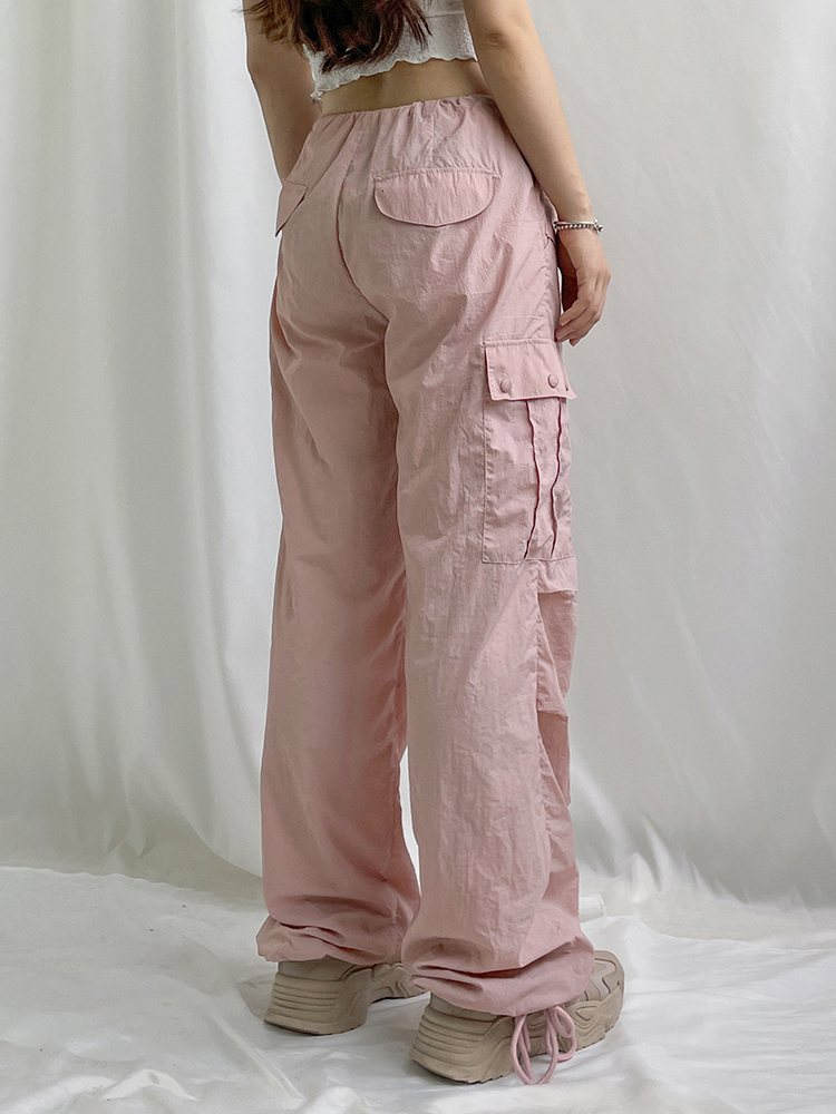 Women's Pants Capris Weekeep Summer Baggy Cargo Pants Low Rise Drawstring Fashion Pocket Casual Pants Kawaii Pink Women's Trousers y2k Aesth