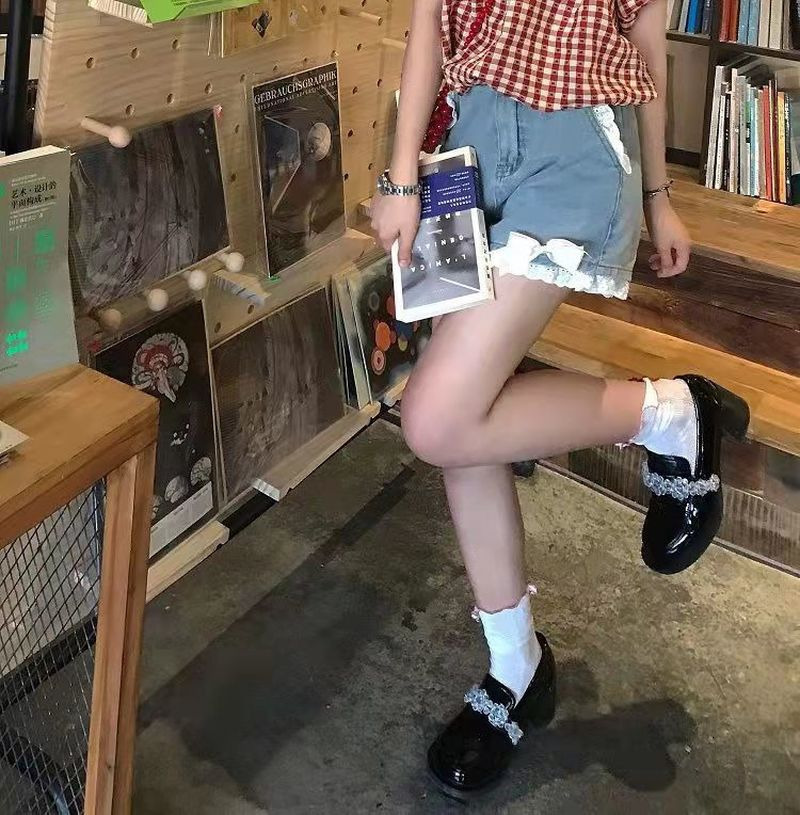 Women's Shorts Blue Vintage Bow Lace Shorts Jeans Women Harajuku Kawaii Y2k High Waist Pants Casual Aesthetic Clothes Korean Fashion 230413