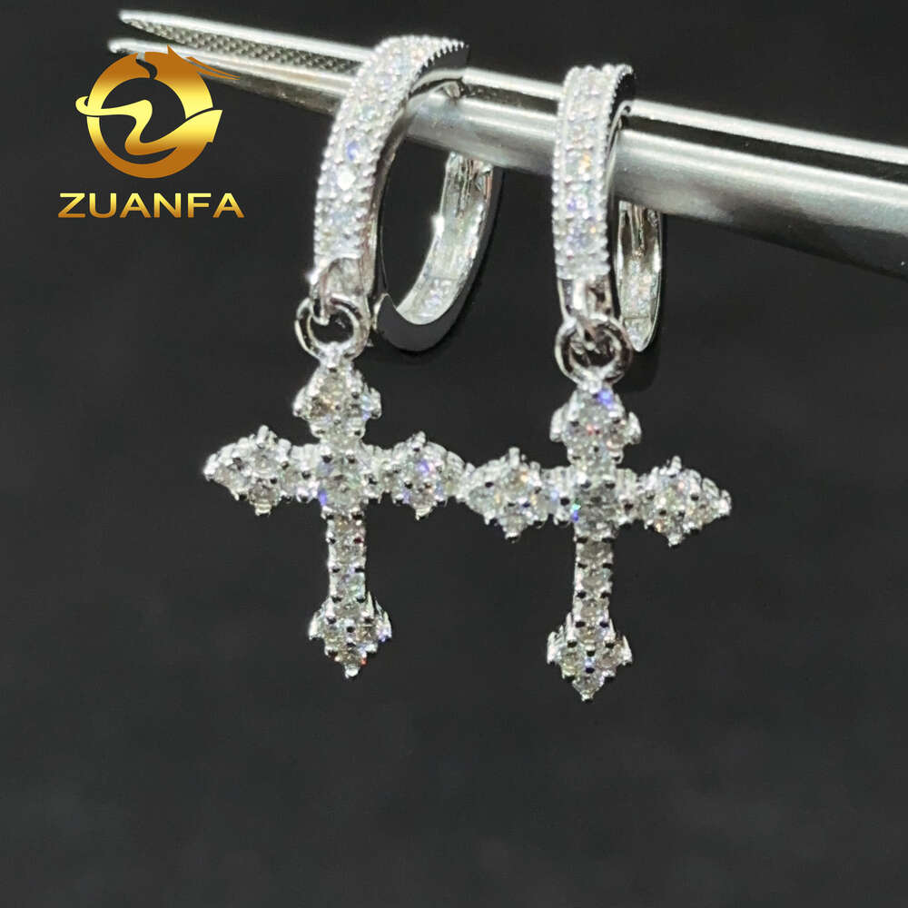Shining Cross Hoop Earrings for Men and Women Iced Out Sterling Silver Moissanite Hiphop
