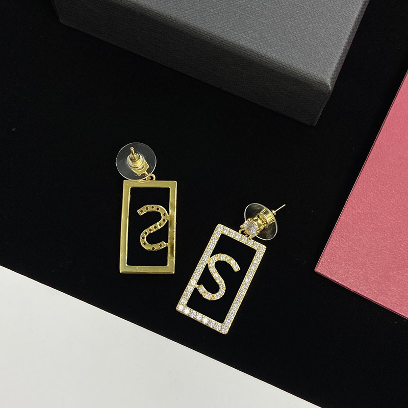 Square Golden Stud Earrings Womens Full Diamond Letter Earrings High quality Pendant Stud Earring Exquisite Versatile