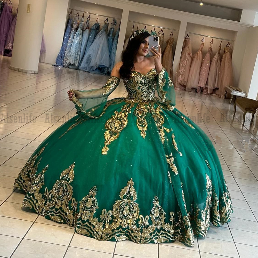 Green Bling Bling Quinceanera Dresses 2023 with Removable Sleeves Vestido De 15 Anos Sweet 16 Birthday Wear Party Dress